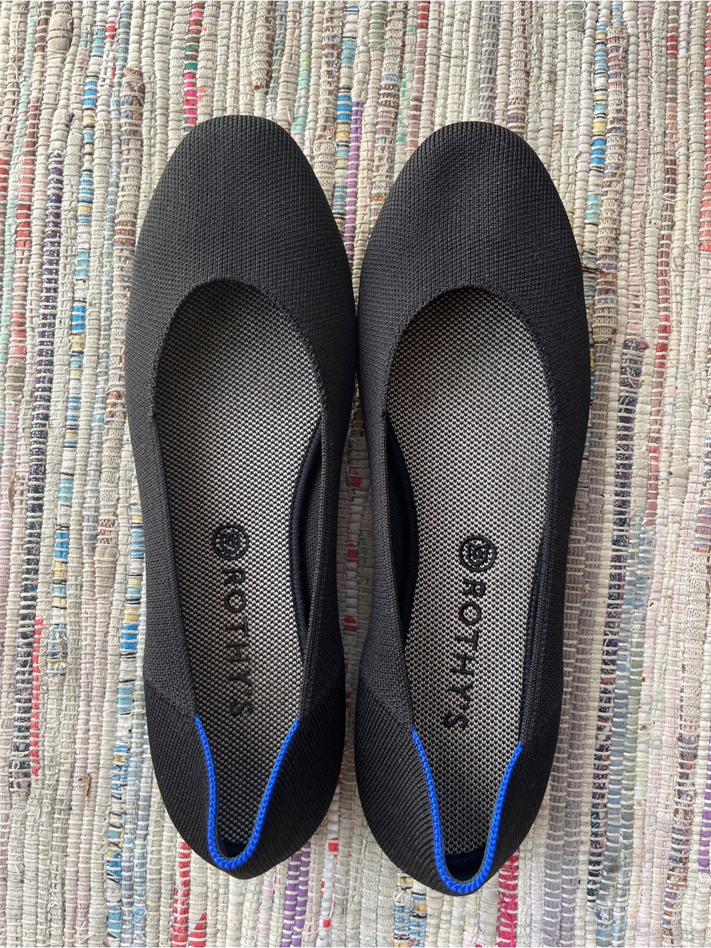 Rothy's Black Knit Ballet Flats with Blue Trim